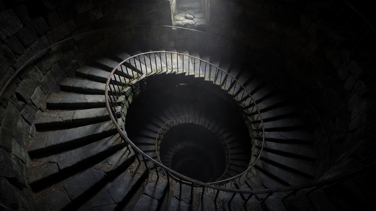 A spiral stone staircase descending into darkness with light falling from above