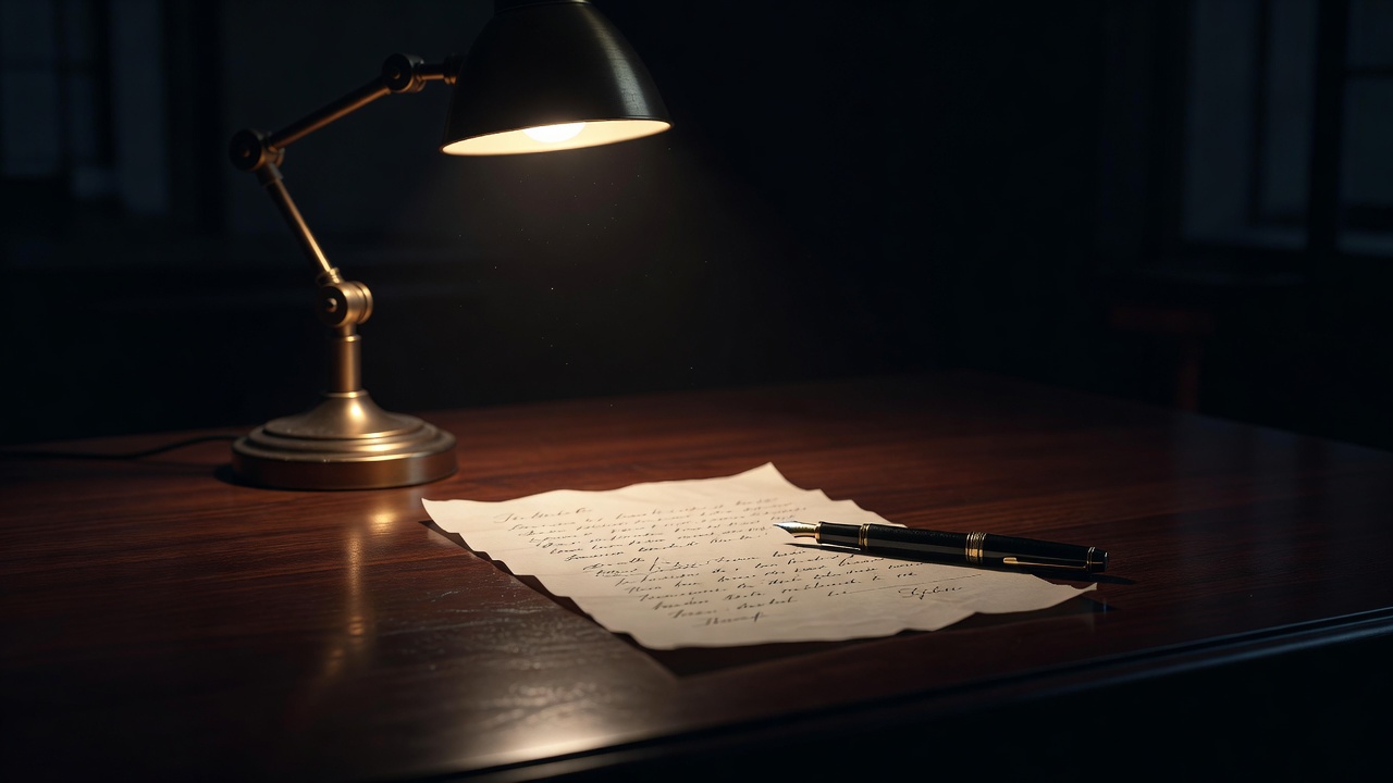 A handwritten letter and fountain pen under a desk lamp at night