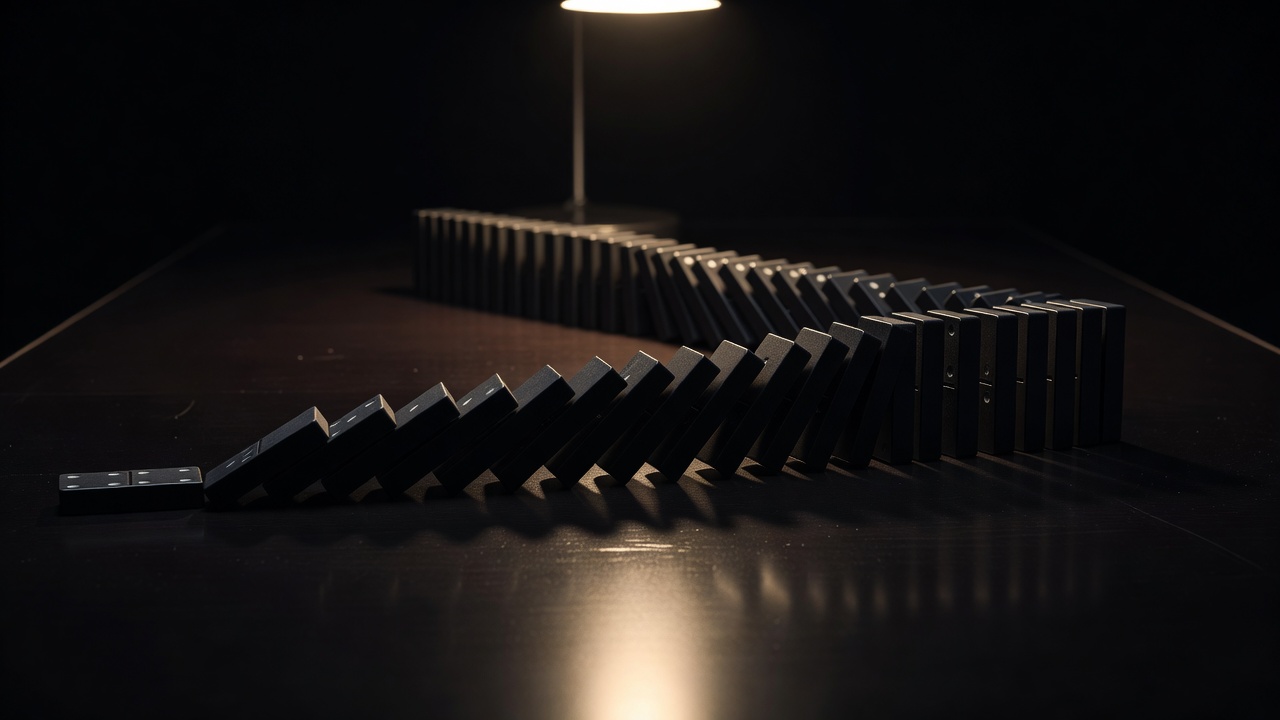 A line of black dominoes toppling across a dark table under a single lamp