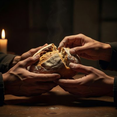 Hands sharing bread in low light