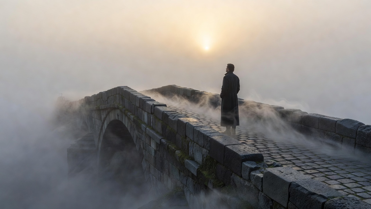A lone figure standing on a fog-covered stone bridge at dawn