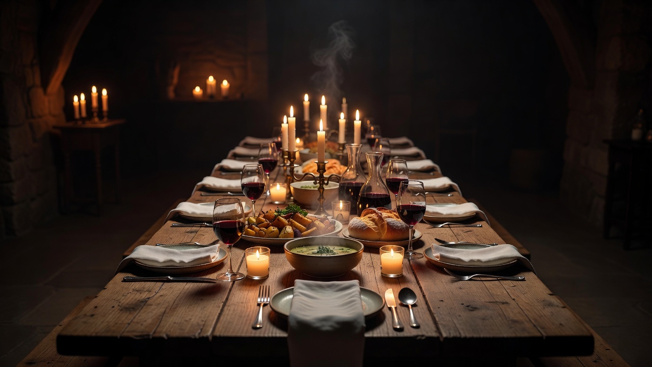 A long wooden table set for a shared meal, lit only by candles in a dark room
