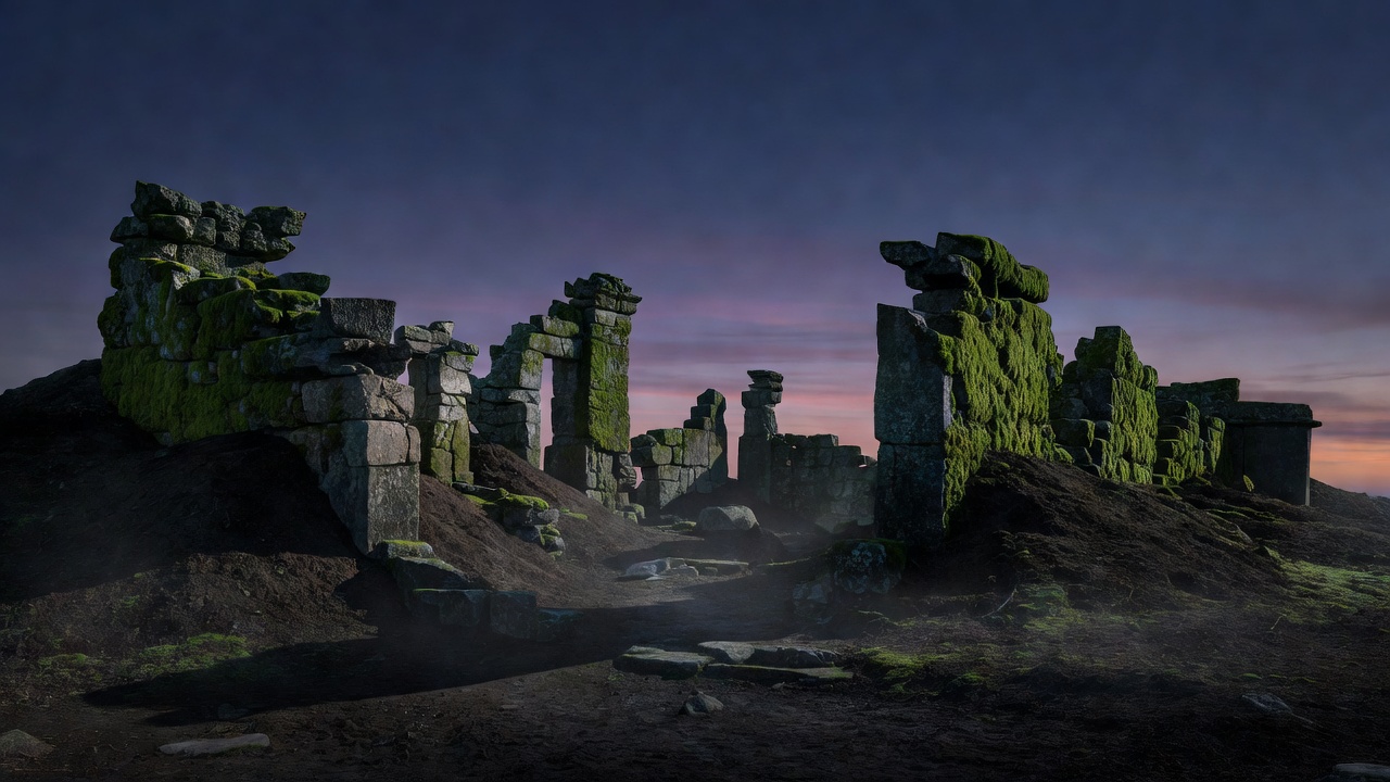 Moss-covered stone ruins half buried in dark soil at dusk