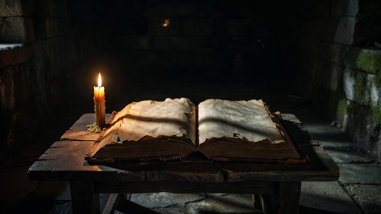 An open old book lit by a single candle in a dark room