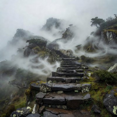 Rough stone steps climbing a misty mountain path